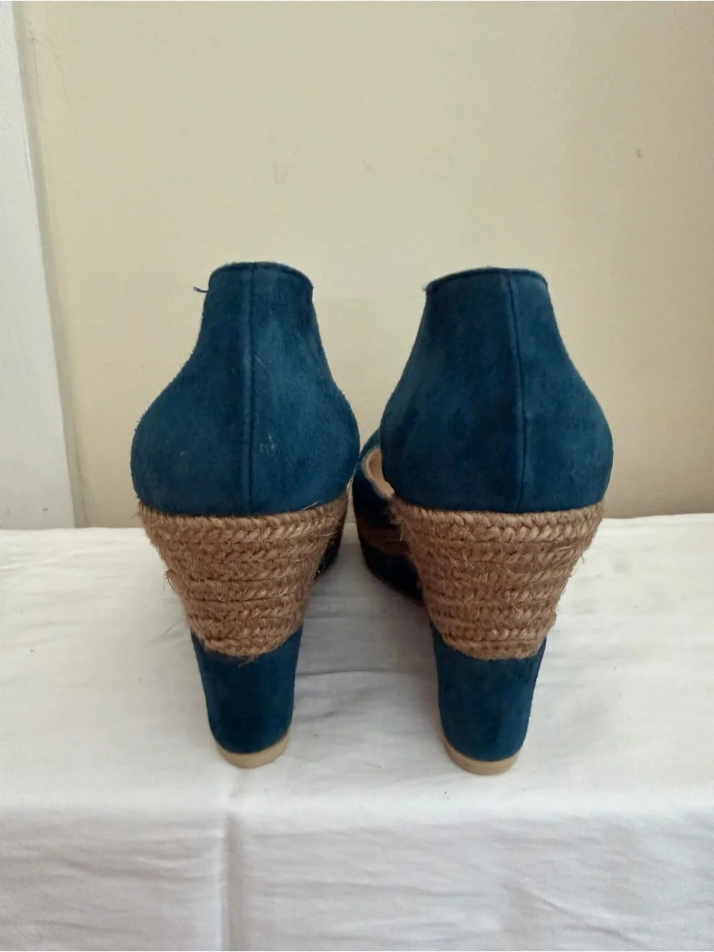 Teal Suede Open-Toe Wedge Sandals